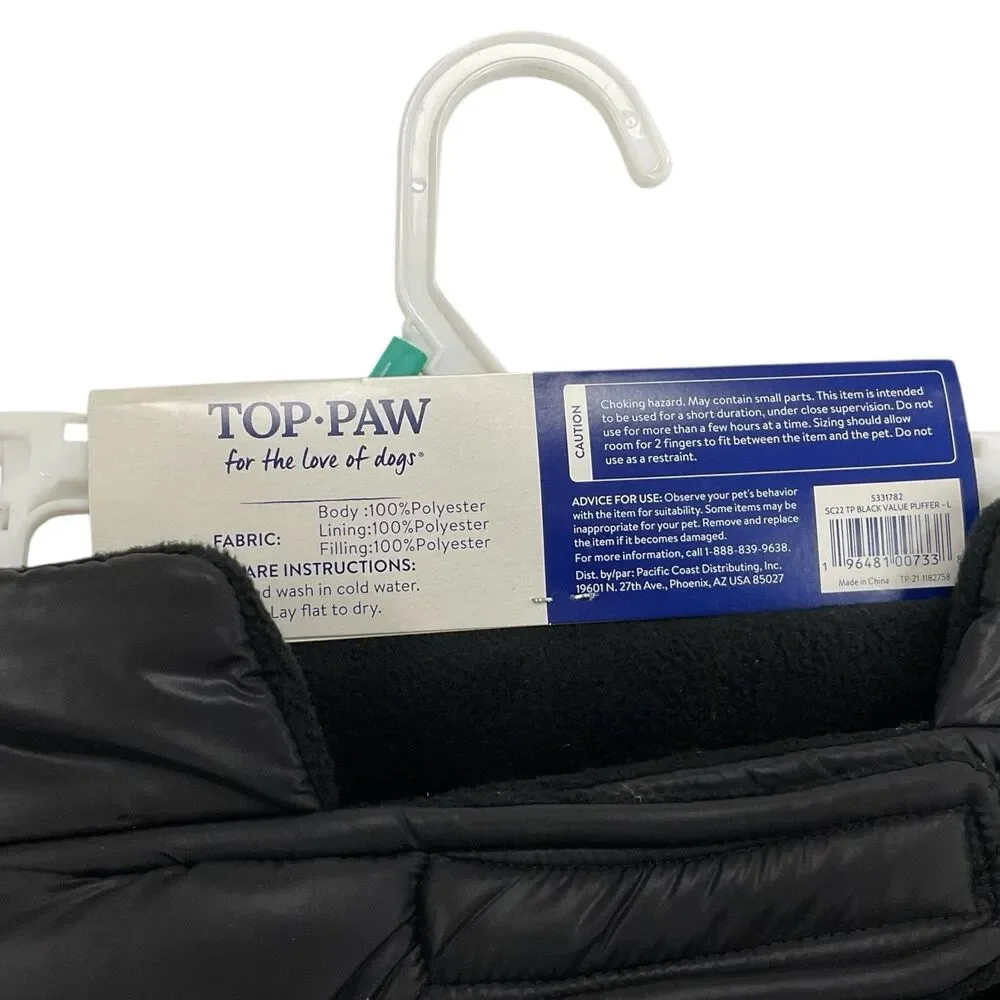 Top‎ Paw Size Large (17.5”) Black Reversible Puffer Dog Jacket Warm Winter NWT